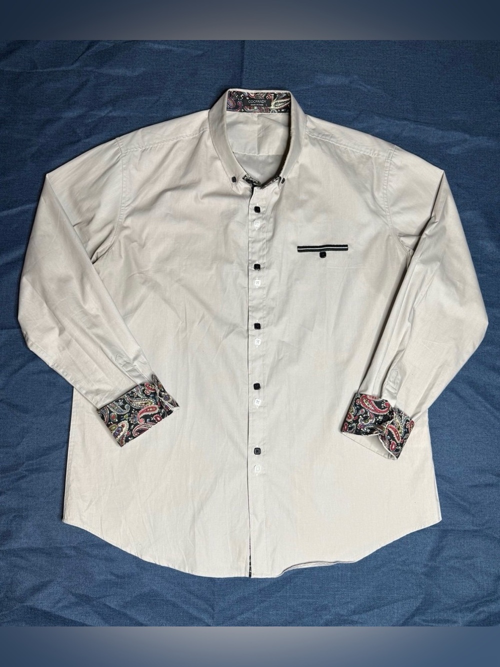 COOFANDY Men's Long Sleeve Button Down Gray Shirt Paisley Cuffs Large